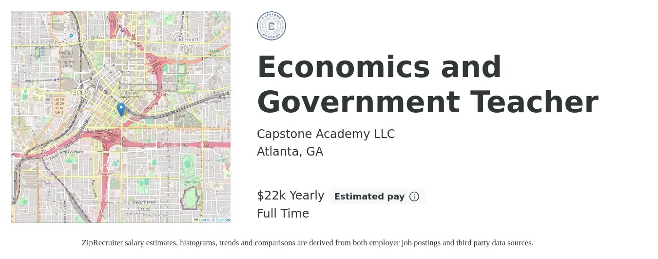 Capstone Academy LLC job posting for a Economics and Government Teacher in Atlanta, GA with a salary of $22,680 Yearly with a map of Atlanta location.