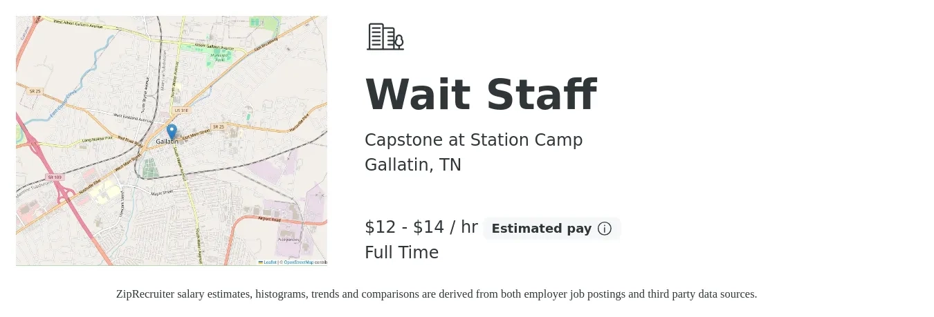 Capstone at Station Camp job posting for a Wait Staff in Gallatin, TN with a salary of $13 to $15 Hourly with a map of Gallatin location.
