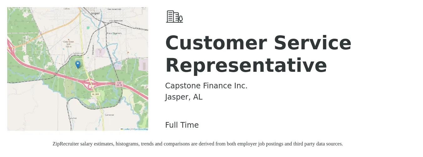 Capstone Finance Inc. job posting for a Customer Service Representative in Jasper, AL with a salary of $11 to $15 Hourly with a map of Jasper location.