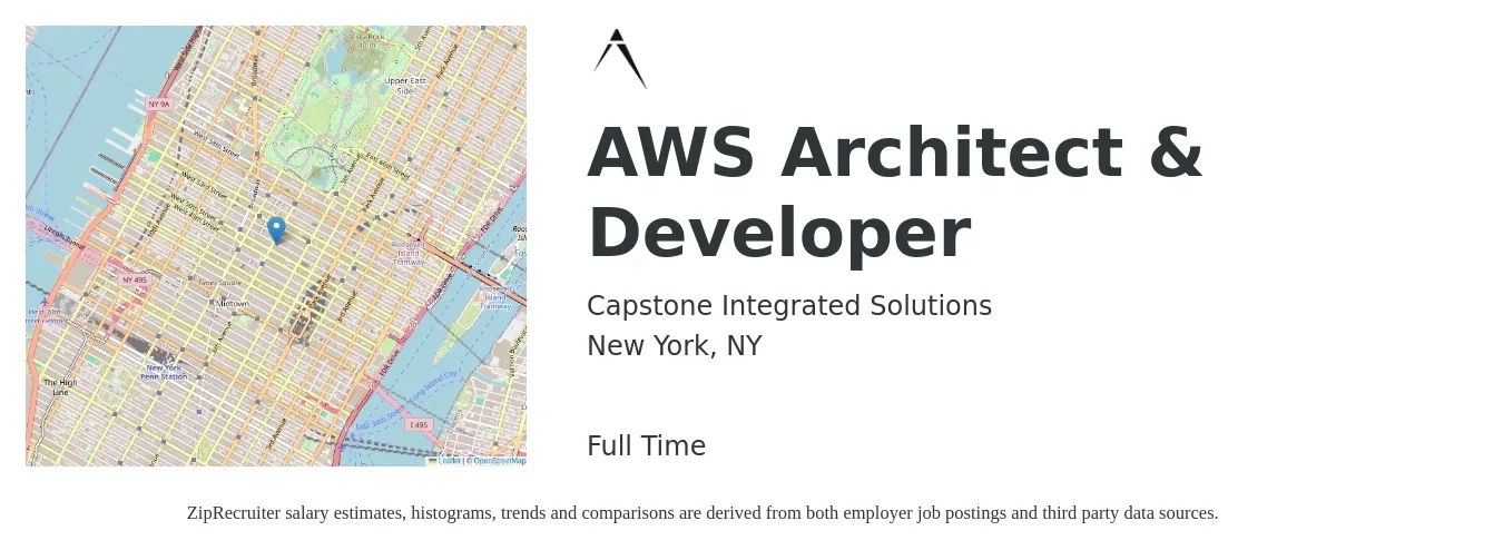 Capstone Integrated Solutions job posting for a AWS Architect & Developer in New York, NY with a salary of $71 to $93 Hourly with a map of New York location.