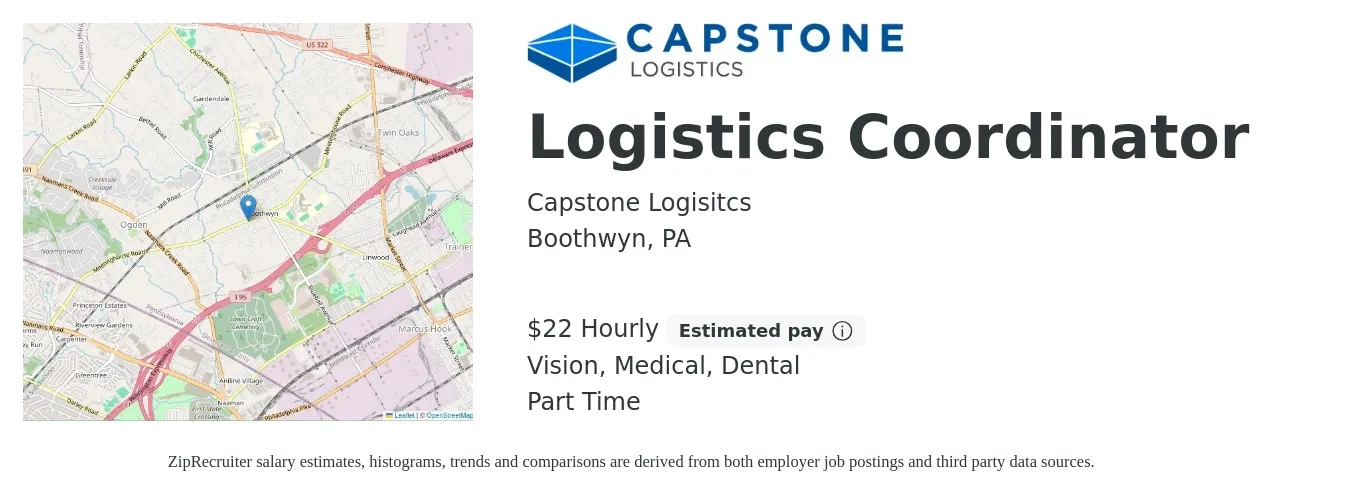 Capstone Logisitcs job posting for a Logistics Coordinator in Boothwyn, PA with a salary of $20 Hourly and benefits including retirement, vision, dental, life_insurance, medical, and pto with a map of Boothwyn location.