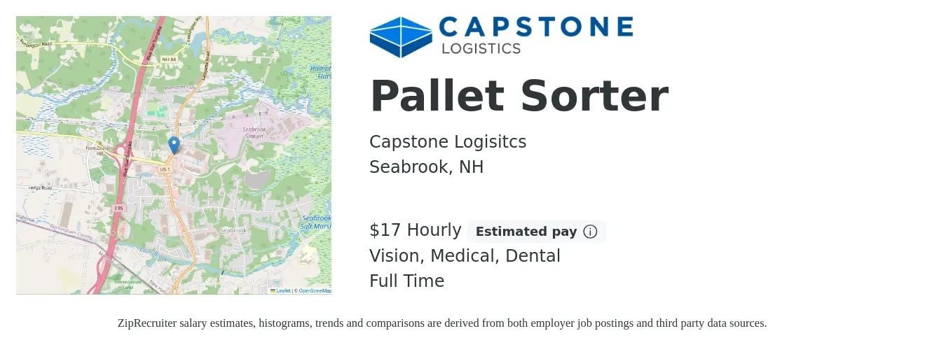 Capstone Logisitcs job posting for a Pallet Sorter in Seabrook, NH with a salary of $18 Hourly and benefits including dental, life_insurance, medical, and vision with a map of Seabrook location.