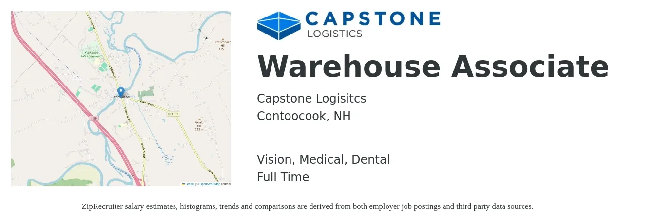 Capstone Logisitcs job posting for a Warehouse Associate in Contoocook, NH with a salary of $750 to $1,000 Weekly and benefits including dental, life_insurance, medical, pto, retirement, and vision with a map of Contoocook location.