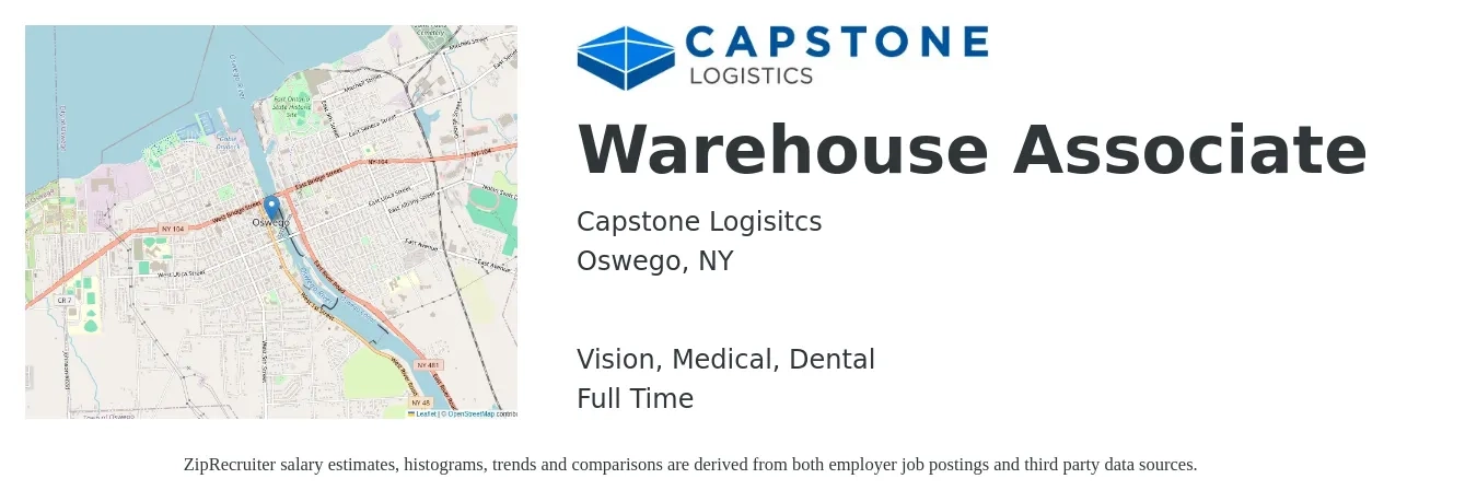 Capstone Logisitcs job posting for a Warehouse Associate in Oswego, NY with a salary of $800 Weekly and benefits including dental, life_insurance, medical, and vision with a map of Oswego location.