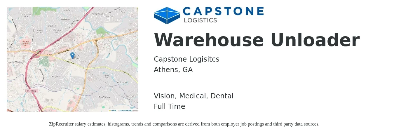 Capstone Logisitcs job posting for a Warehouse Unloader in Athens, GA with a salary of $700 to $850 Weekly and benefits including vision, dental, life_insurance, medical, pto, and retirement with a map of Athens location.