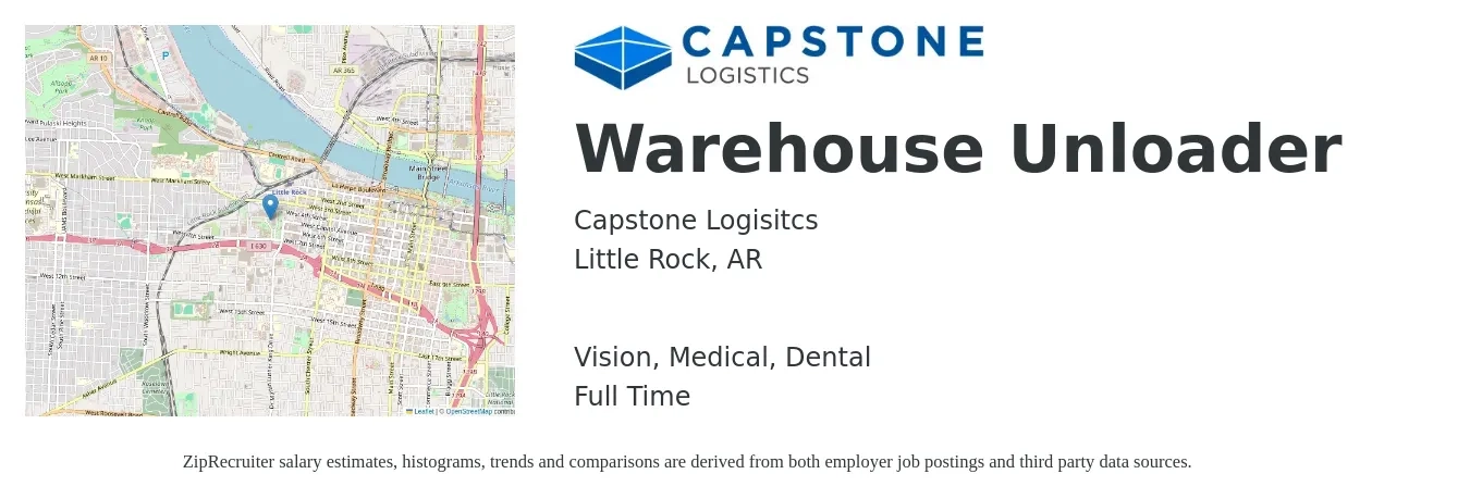 Capstone Logisitcs job posting for a Warehouse Unloader in Little Rock, AR with a salary of $500 to $800 Weekly and benefits including vision, dental, life_insurance, medical, pto, and retirement with a map of Little Rock location.
