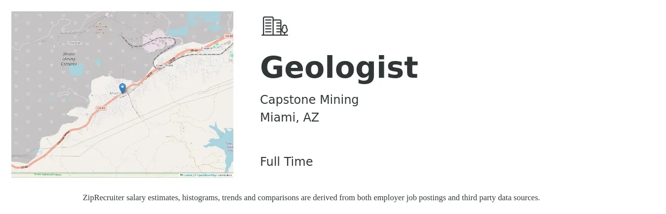 Capstone Mining job posting for a Geologist in Miami, AZ with a salary of $54,100 to $89,900 Yearly with a map of Miami location.