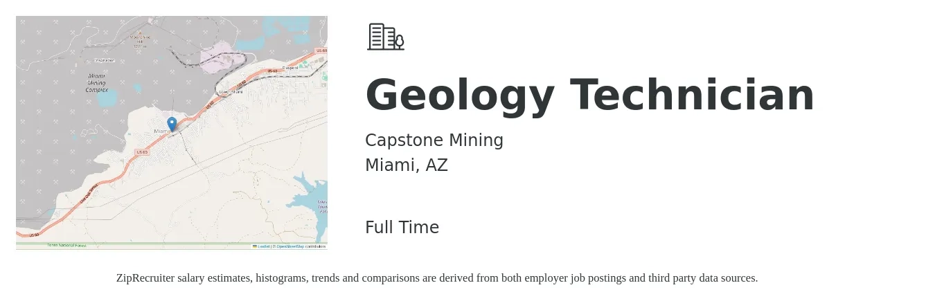 Capstone Mining job posting for a Geology Technician in Miami, AZ with a map of Miami location.