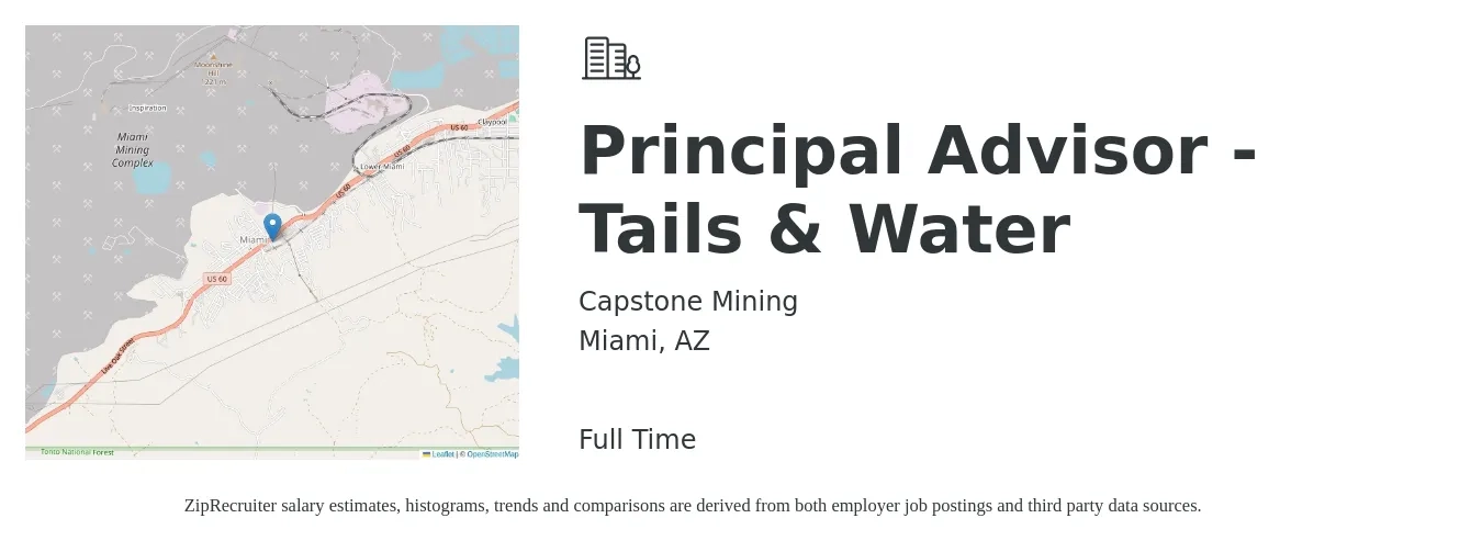 Capstone Mining job posting for a Principal Advisor - Tails & Water in Miami, AZ with a map of Miami location.