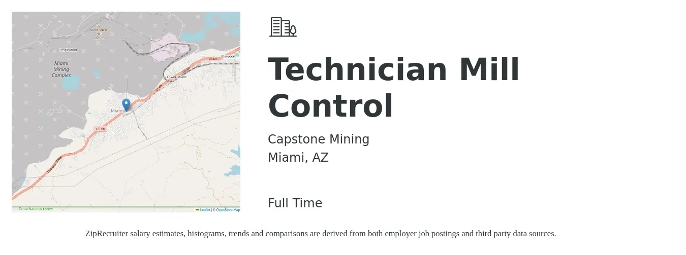 Capstone Mining job posting for a Technician Mill Control in Miami, AZ with a salary of $29 to $39 Hourly with a map of Miami location.