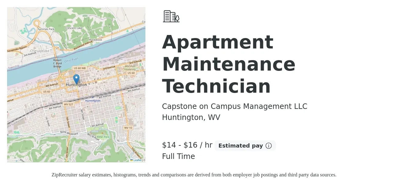 Capstone on Campus Management LLC job posting for a Apartment Maintenance Technician in Huntington, WV with a salary of $16 to $18 Hourly with a map of Huntington location.
