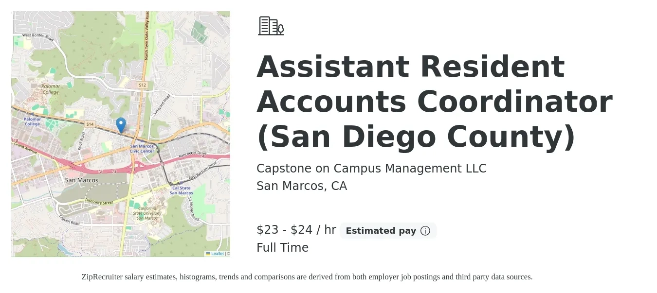 Capstone on Campus Management LLC job posting for a Assistant Resident Accounts Coordinator (San Diego County) in San Marcos, CA with a salary of $24 to $25 Hourly with a map of San Marcos location.