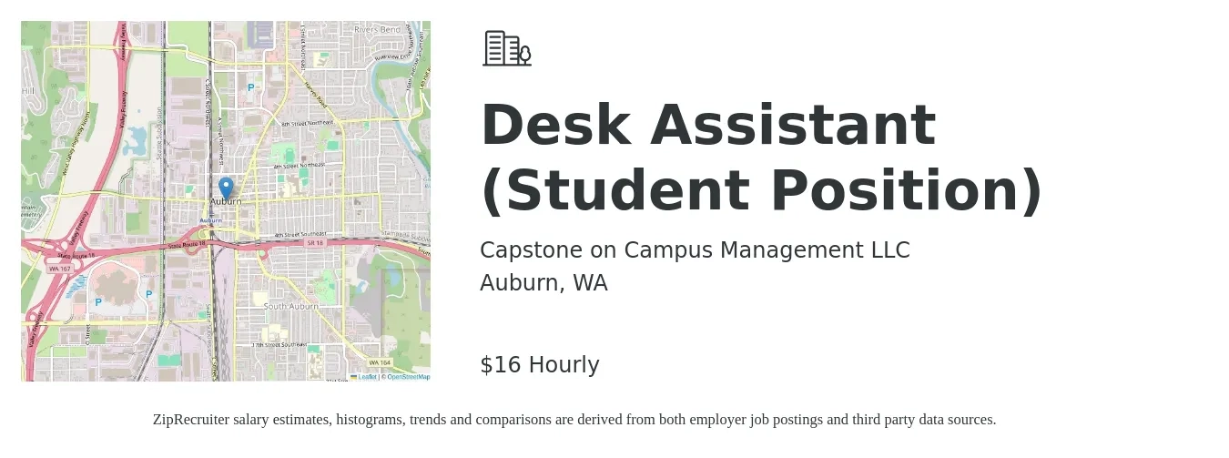 Capstone on Campus Management LLC job posting for a Desk Assistant (Student Position) in Auburn, WA with a salary of $17 Hourly with a map of Auburn location.