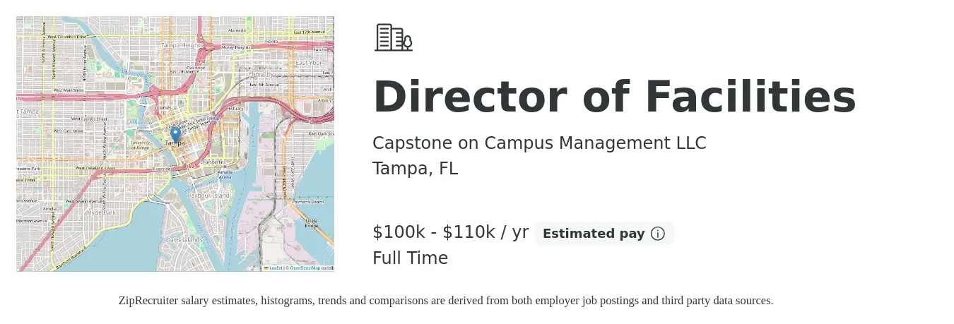 Capstone on Campus Management LLC job posting for a Director of Facilities in Tampa, FL with a salary of $100,000 to $110,000 Yearly with a map of Tampa location.