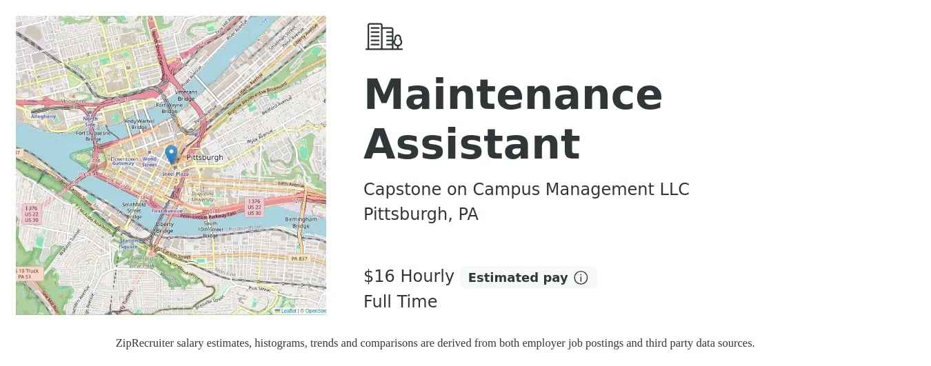 Capstone on Campus Management LLC job posting for a Maintenance Assistant in Pittsburgh, PA with a salary of $17 Hourly with a map of Pittsburgh location.
