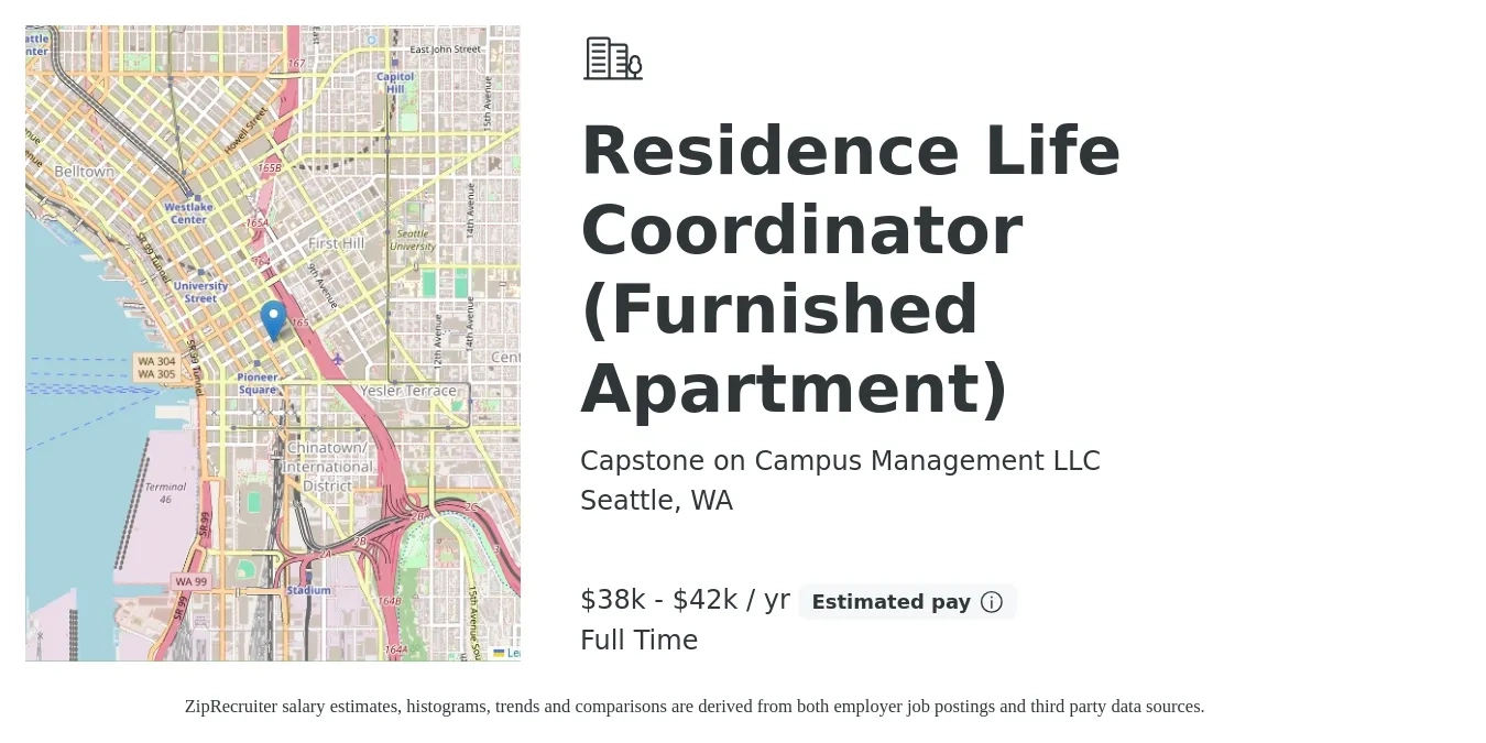 Capstone on Campus Management LLC job posting for a Residence Life Coordinator (Furnished Apartment) in Seattle, WA with a salary of $38,000 to $42,000 Yearly with a map of Seattle location.