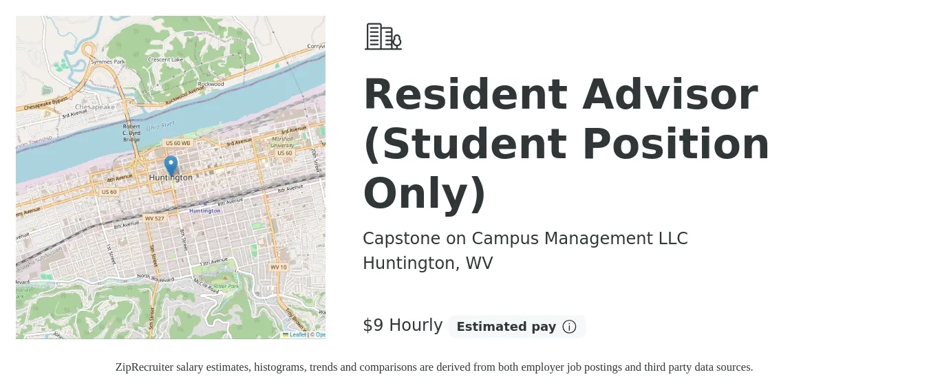 Capstone on Campus Management LLC job posting for a Resident Advisor (Student Position Only) in Huntington, WV with a salary of $10 Hourly with a map of Huntington location.