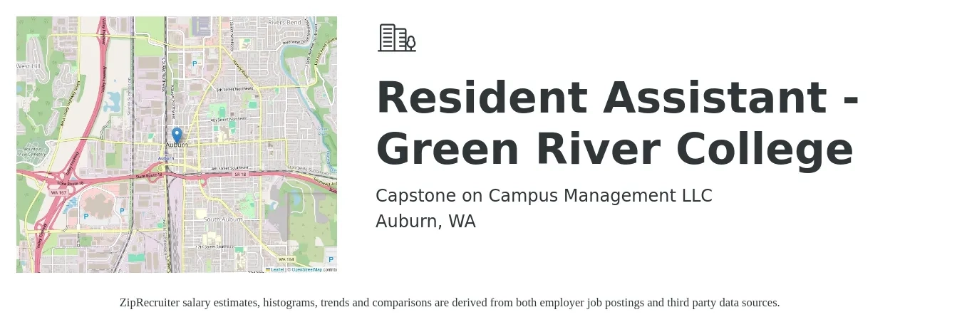 Capstone on Campus Management LLC job posting for a Resident Assistant - Green River College in Auburn, WA with a salary of $2,770 Weekly with a map of Auburn location.