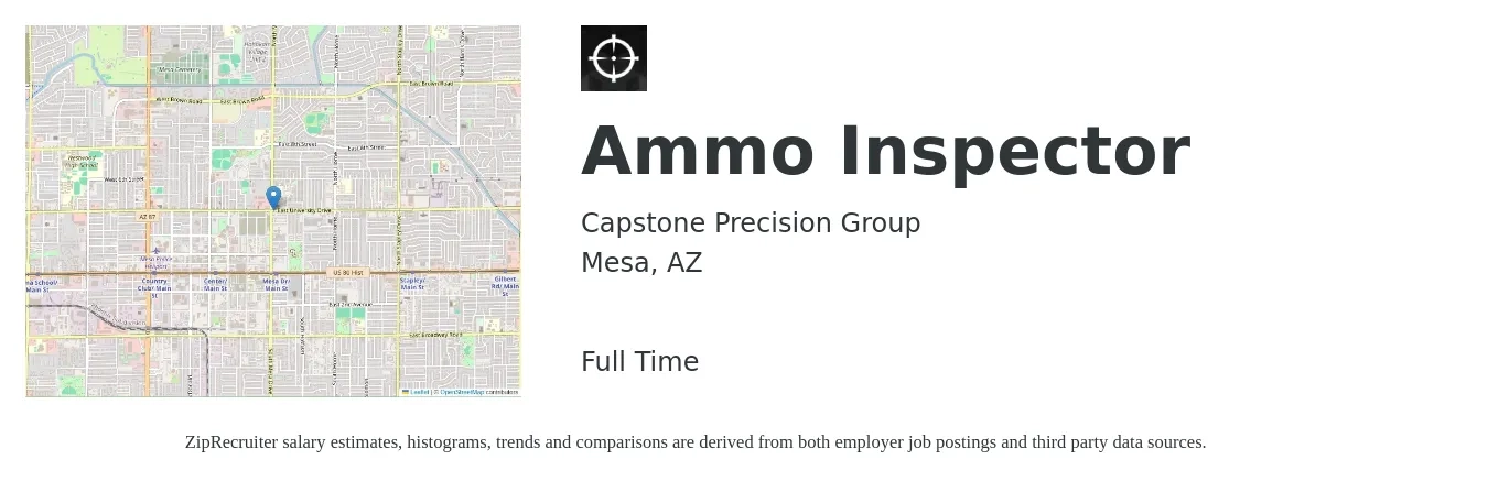 Capstone Precision Group job posting for a Ammo Inspector in Mesa, AZ with a salary of $20 to $33 Hourly with a map of Mesa location.