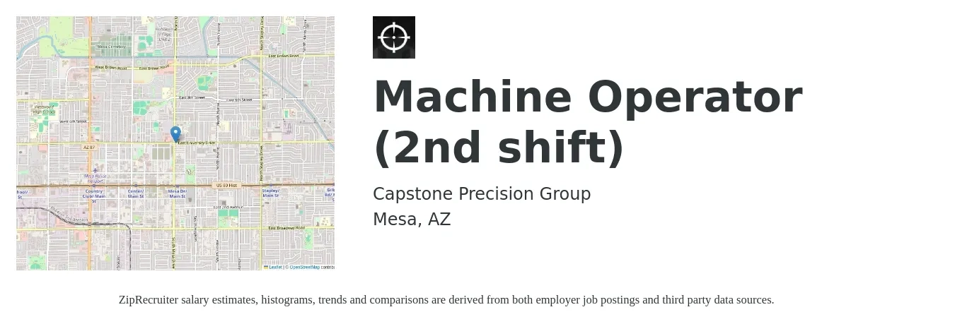 Capstone Precision Group job posting for a Machine Operator (2nd shift) in Mesa, AZ with a salary of $17 to $20 Hourly with a map of Mesa location.