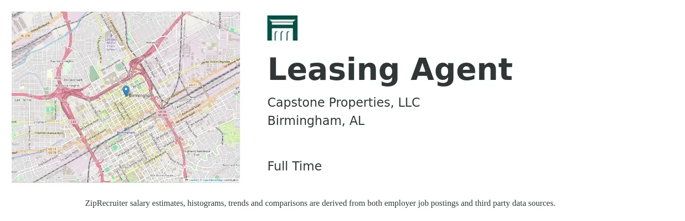 Capstone Properties, LLC job posting for a Leasing Agent in Birmingham, AL with a salary of $16 to $19 Hourly with a map of Birmingham location.