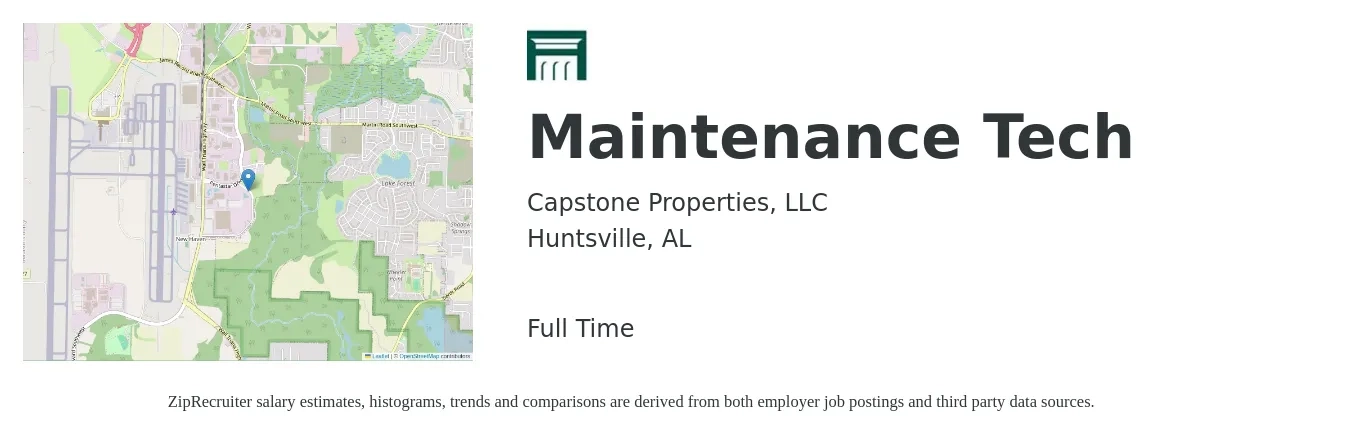 Capstone Properties, LLC job posting for a Maintenance Tech in Huntsville, AL with a salary of $18 to $25 Hourly with a map of Huntsville location.