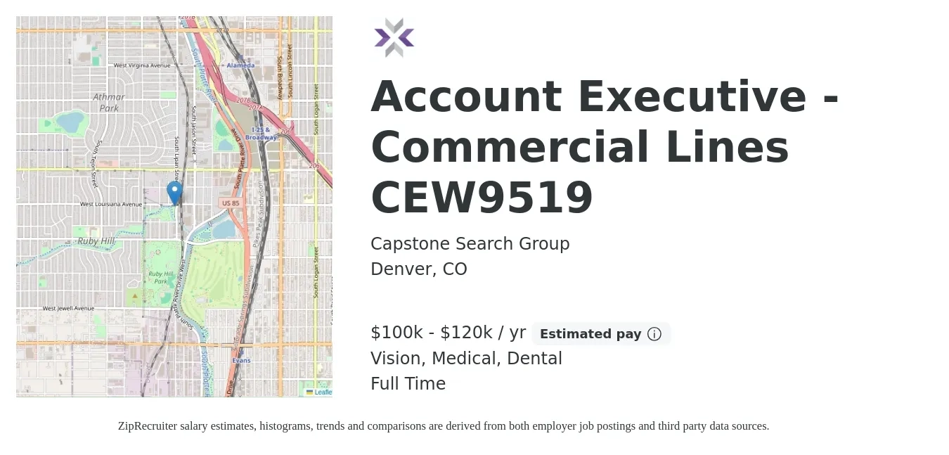 Capstone Search Group job posting for a Account Executive - Commercial Lines CEW9519 in Denver, CO with a salary of $100,000 to $120,000 Yearly and benefits including medical, retirement, vision, dental, and life_insurance with a map of Denver location.