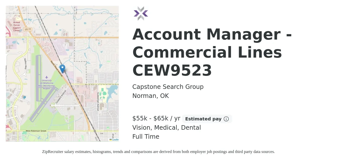 Capstone Search Group job posting for a Account Manager - Commercial Lines CEW9523 in Norman, OK with a salary of $55,000 to $65,000 Yearly and benefits including retirement, vision, dental, life_insurance, and medical with a map of Norman location.