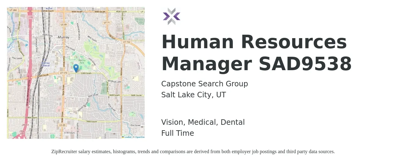 Capstone Search Group job posting for a Human Resources Manager SAD9538 in Salt Lake City, UT with a salary of $66,800 to $96,800 Yearly and benefits including life_insurance, medical, pto, retirement, vision, and dental with a map of Salt Lake City location.