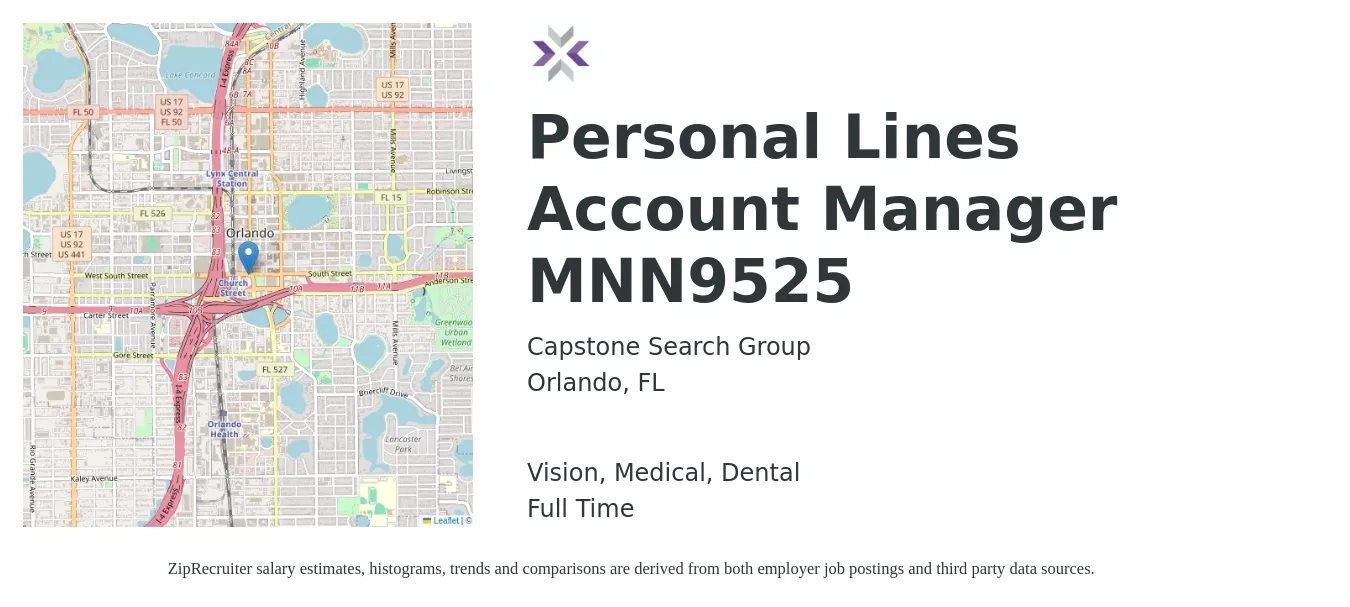 Capstone Search Group job posting for a Personal Lines Account Manager MNN9525 in Orlando, FL with a salary of $42,000 to $56,900 Yearly and benefits including dental, life_insurance, medical, pto, retirement, and vision with a map of Orlando location.