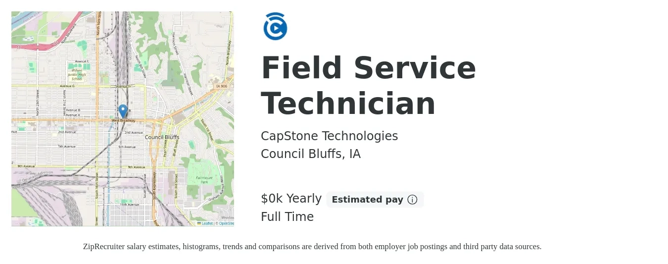 CapStone Technologies job posting for a Field Service Technician in Council Bluffs, IA with a salary of $1 Yearly with a map of Council Bluffs location.