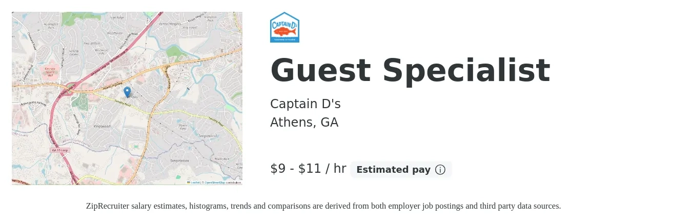 Captain D's job posting for a Guest Specialist in Athens, GA with a salary of $10 to $12 Hourly with a map of Athens location.