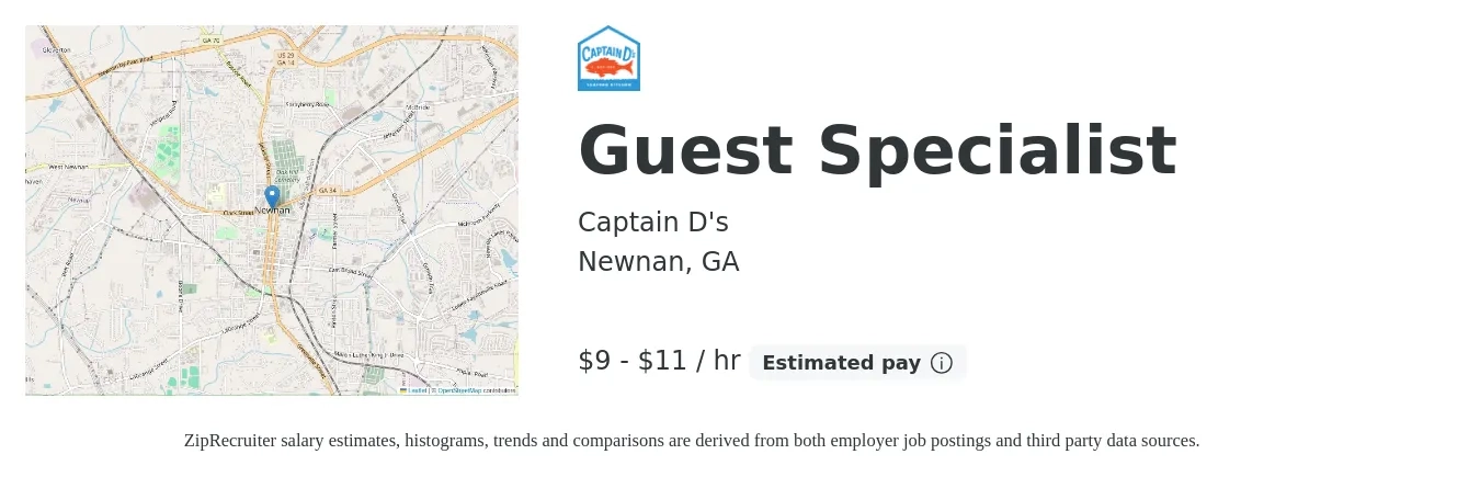 Captain D's job posting for a Guest Specialist in Newnan, GA with a salary of $10 to $12 Hourly with a map of Newnan location.