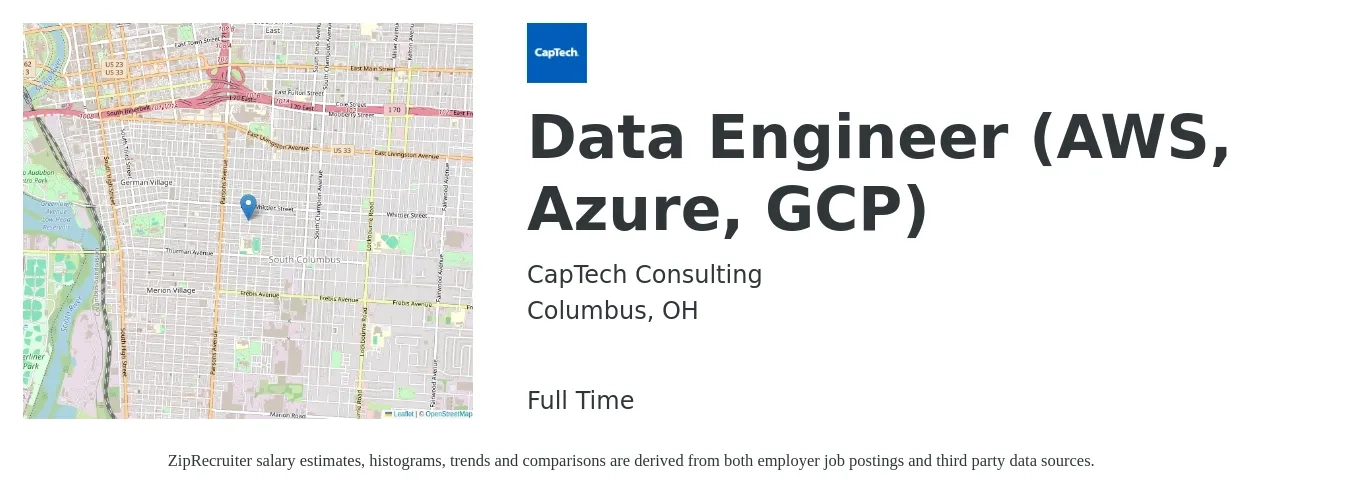 CapTech Consulting job posting for a Data Engineer (AWS, Azure, GCP) in Columbus, OH with a salary of $110,600 to $132,800 Yearly with a map of Columbus location.