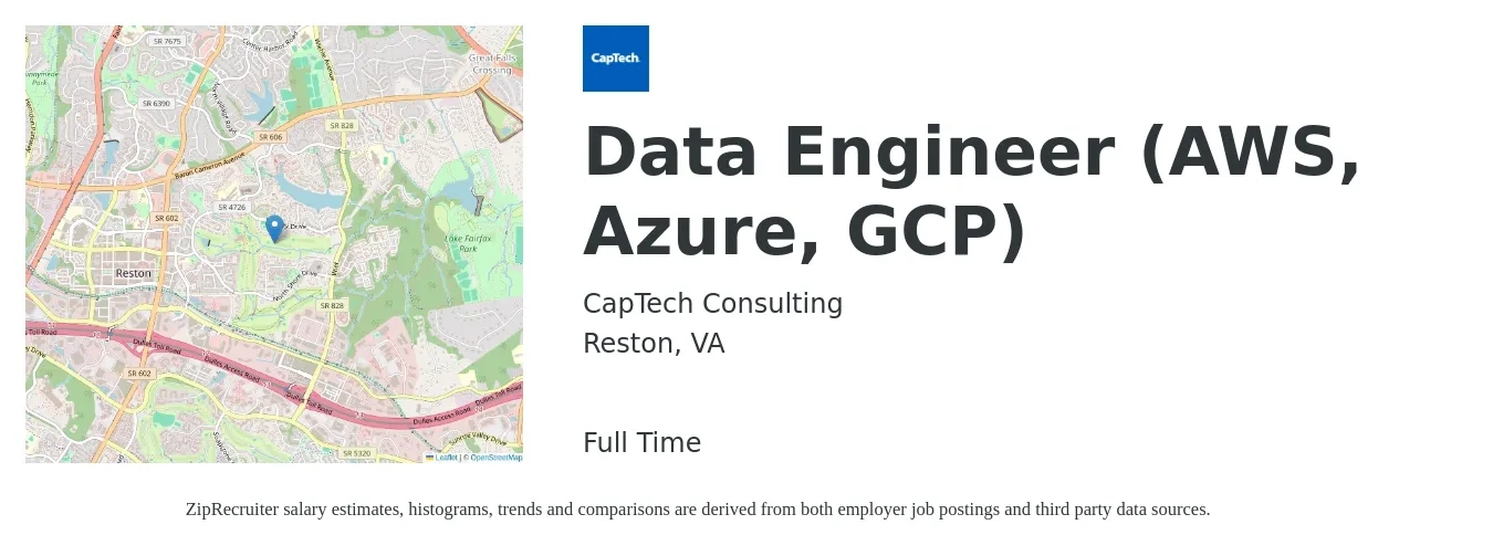 CapTech Consulting job posting for a Data Engineer (AWS, Azure, GCP) in Reston, VA with a salary of $119,100 to $143,000 Yearly with a map of Reston location.