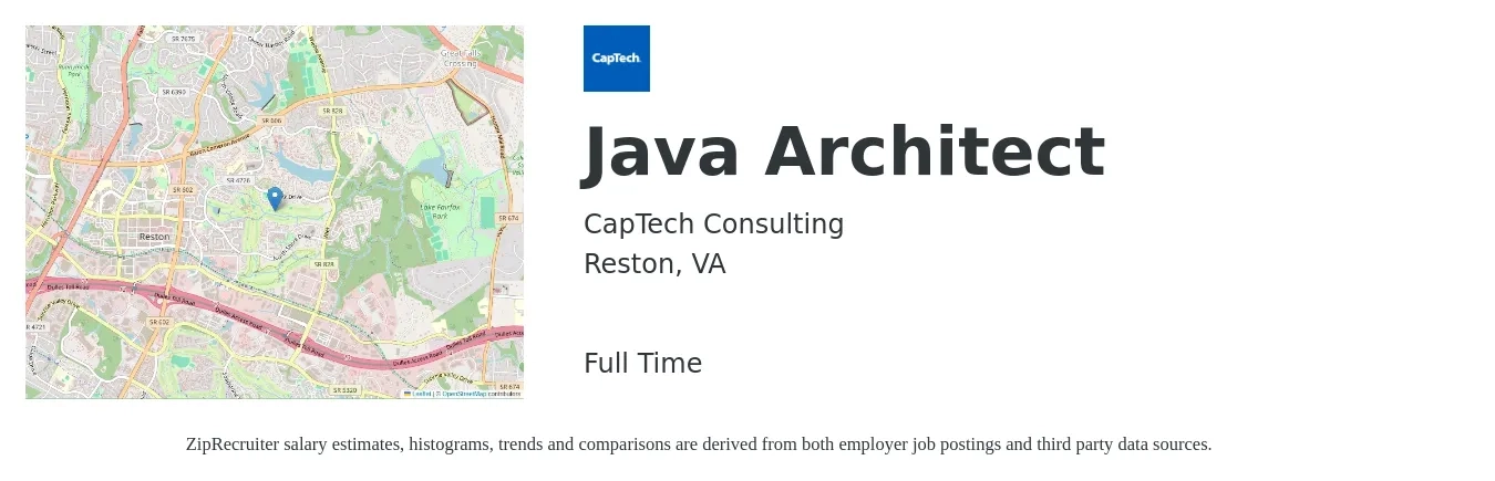 CapTech Consulting job posting for a Java Architect in Reston, VA with a salary of $66 to $88 Hourly with a map of Reston location.