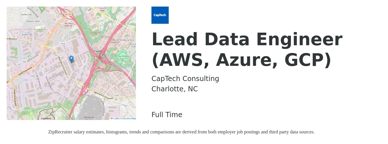 CapTech Consulting job posting for a Lead Data Engineer (AWS, Azure, GCP) in Charlotte, NC with a salary of $111,800 to $134,300 Yearly with a map of Charlotte location.