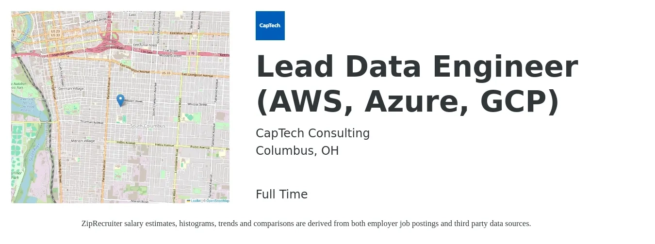 CapTech Consulting job posting for a Lead Data Engineer (AWS, Azure, GCP) in Columbus, OH with a salary of $110,600 to $132,800 Yearly with a map of Columbus location.