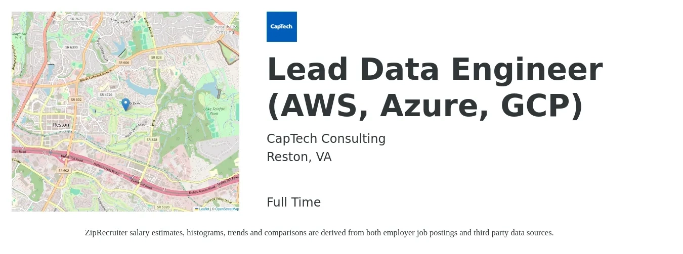 CapTech Consulting job posting for a Lead Data Engineer (AWS, Azure, GCP) in Reston, VA with a salary of $119,100 to $143,000 Yearly with a map of Reston location.