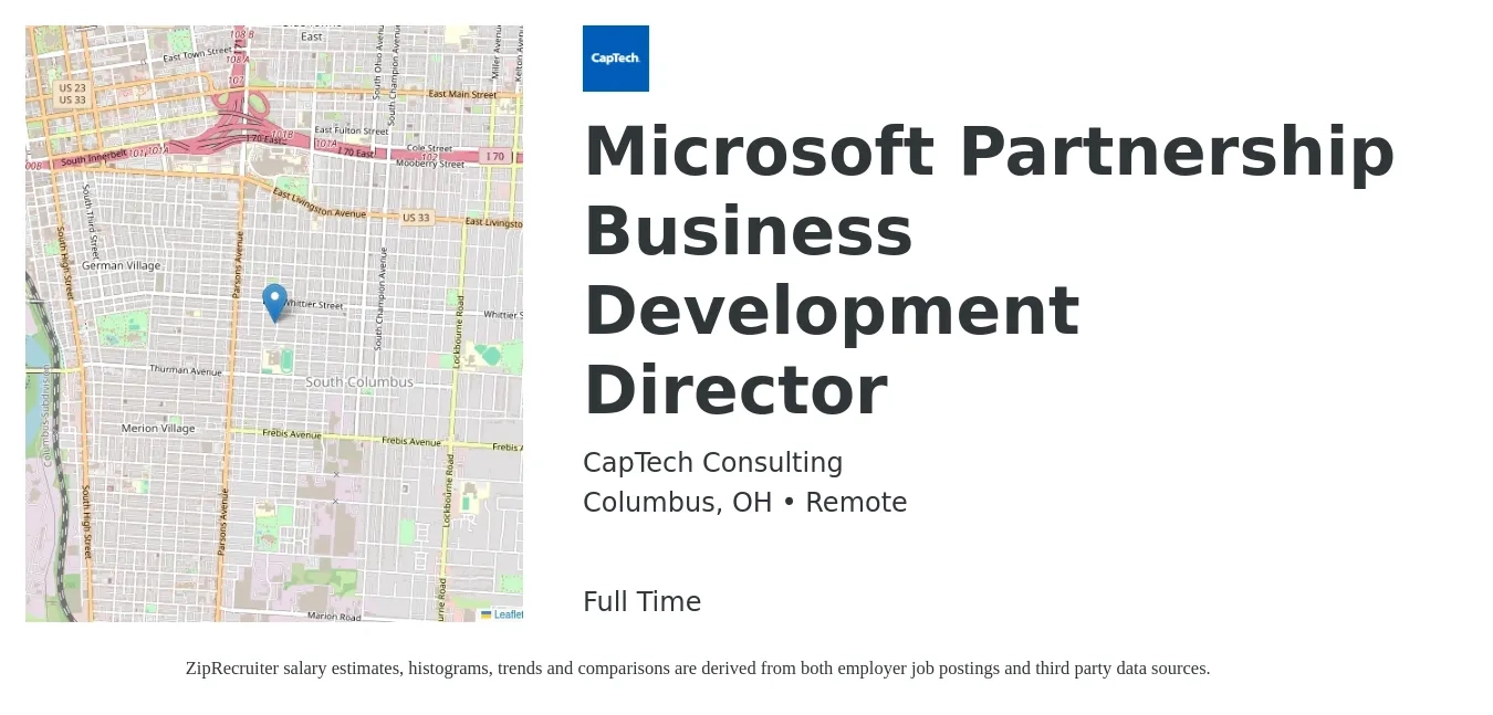 CapTech Consulting job posting for a Microsoft Partnership Business Development Director in Columbus, OH with a salary of $90,300 to $146,300 Yearly with a map of Columbus location.