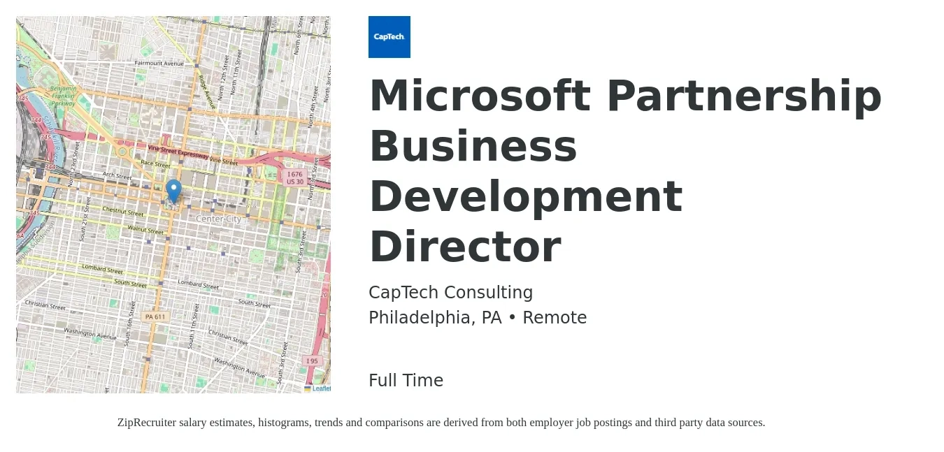 CapTech Consulting job posting for a Microsoft Partnership Business Development Director in Philadelphia, PA with a salary of $94,300 to $152,900 Yearly with a map of Philadelphia location.