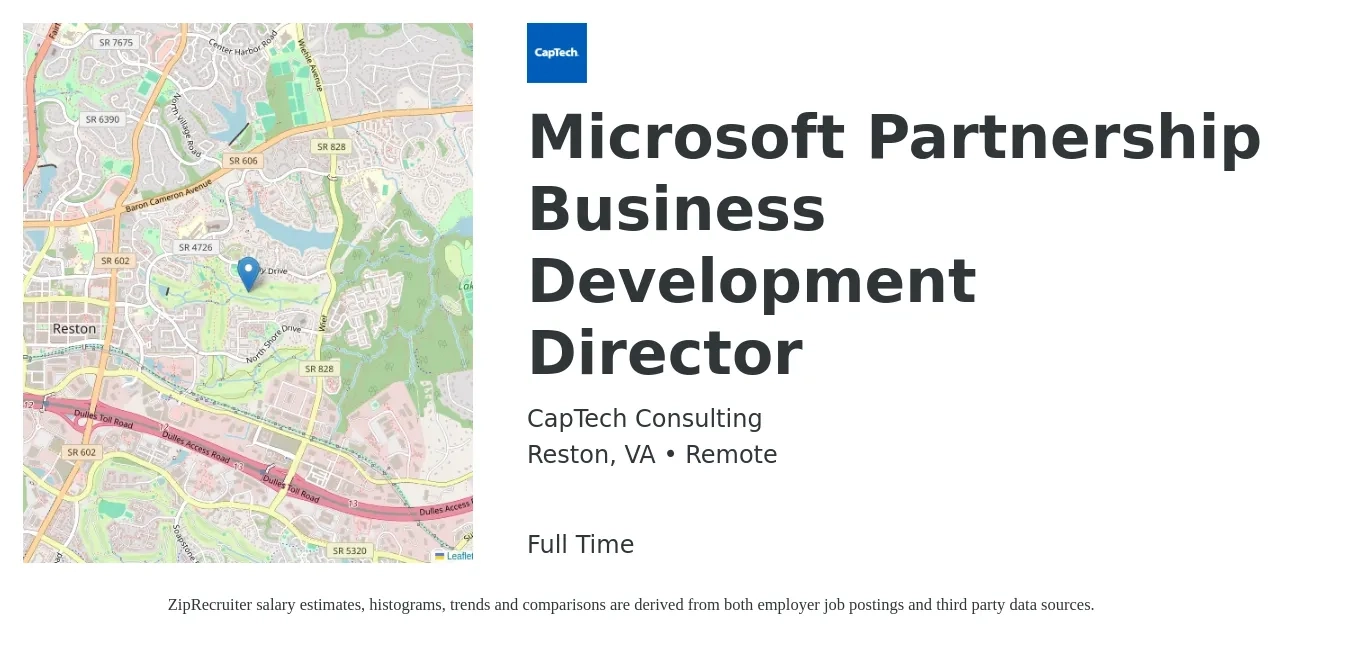 CapTech Consulting job posting for a Microsoft Partnership Business Development Director in Reston, VA with a salary of $97,400 to $157,900 Yearly with a map of Reston location.