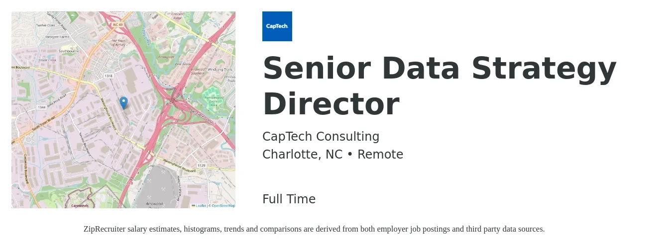 CapTech Consulting job posting for a Senior Data Strategy Director in Charlotte, NC with a salary of $103,500 to $140,600 Yearly with a map of Charlotte location.