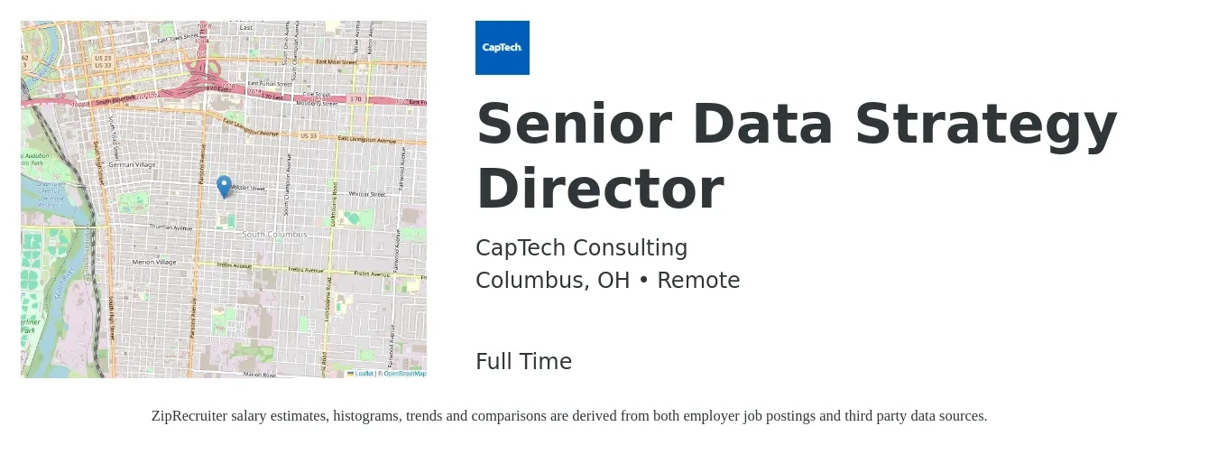CapTech Consulting job posting for a Senior Data Strategy Director in Columbus, OH with a salary of $102,400 to $139,100 Yearly with a map of Columbus location.
