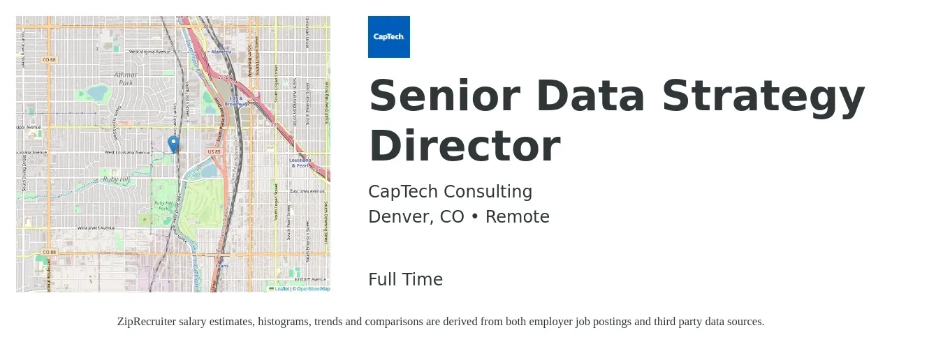 CapTech Consulting job posting for a Senior Data Strategy Director in Denver, CO with a salary of $109,100 to $148,200 Yearly with a map of Denver location.
