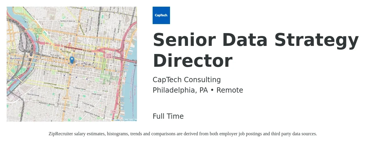 CapTech Consulting job posting for a Senior Data Strategy Director in Philadelphia, PA with a salary of $107,000 to $145,300 Yearly with a map of Philadelphia location.