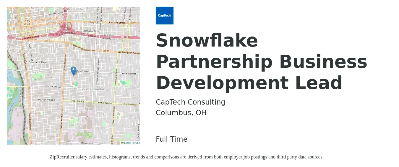 CapTech Consulting job posting for a Snowflake Partnership Business Development Lead in Columbus, OH with a salary of $62,800 to $142,500 Yearly with a map of Columbus location.