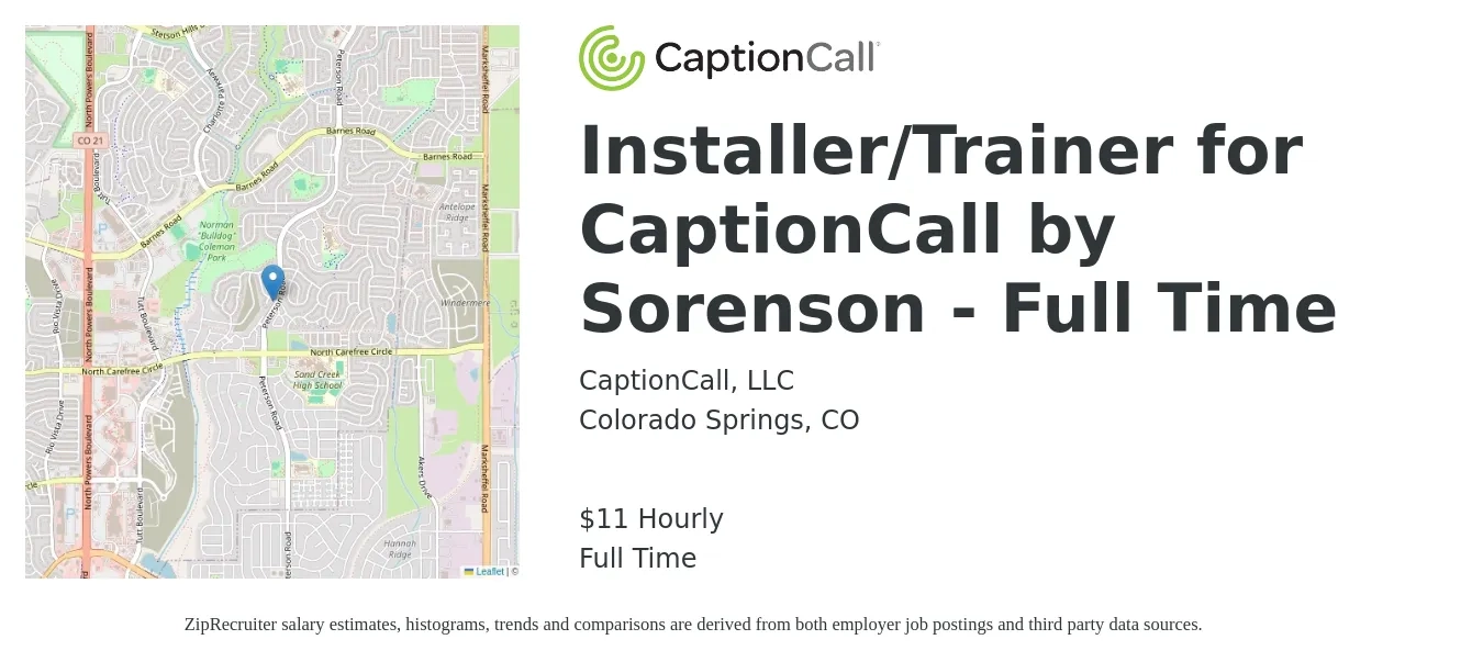 CaptionCall, LLC job posting for a Installer/Trainer for CaptionCall by Sorenson - Full Time in Colorado Springs, CO with a salary of $12 Hourly with a map of Colorado Springs location.