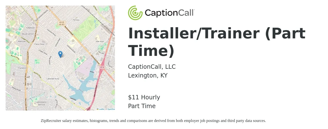CaptionCall, LLC job posting for a Installer/Trainer (Part Time) in Lexington, KY with a salary of $12 Hourly with a map of Lexington location.