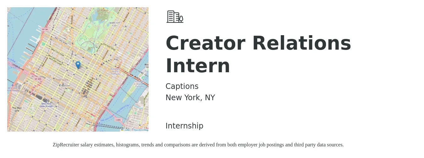 Captions job posting for a Creator Relations Intern in New York, NY with a salary of $16 Hourly with a map of New York location.